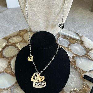Silver Stainless & Golden Decorative heart Charm 36” Long Necklace-Boutique